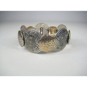 Stretch Medal Medallion Bracelet Silvertone Hammered Southwestern Jewelry